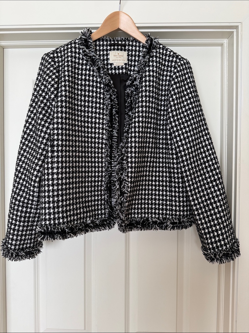 Kate Spade Classic Black & White Houndstooth Fringe Jacket - Women